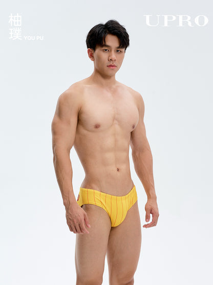 Men's Yellow Striped American Print Triangle Swim BriefsUPRO-18104