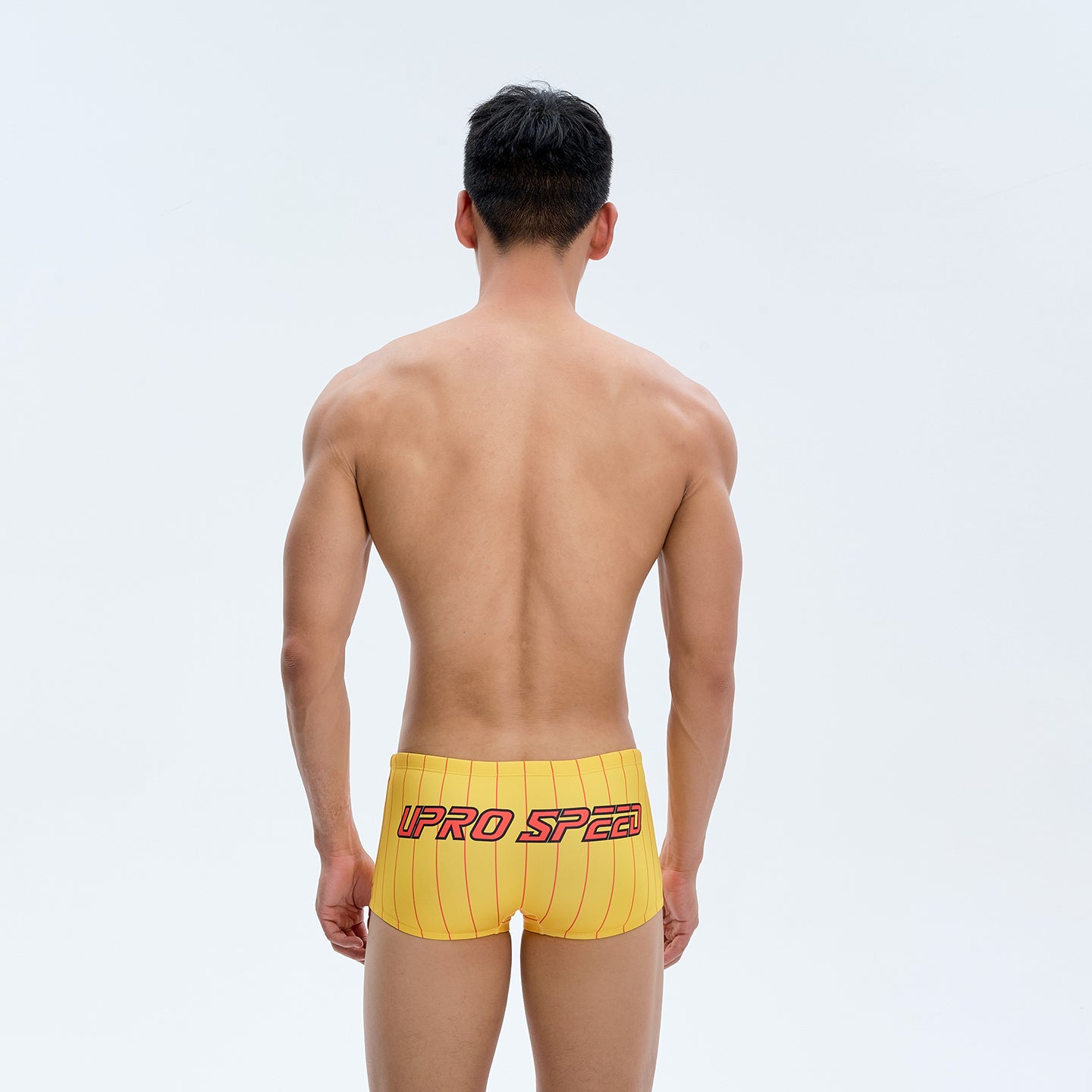 Men's American Printed Yellow Striped Square Cut Swim TrunksUPRO-18112