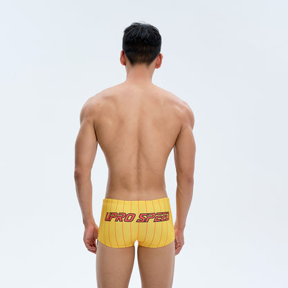 Men's American Printed Yellow Striped Square Cut Swim TrunksUPRO-18112