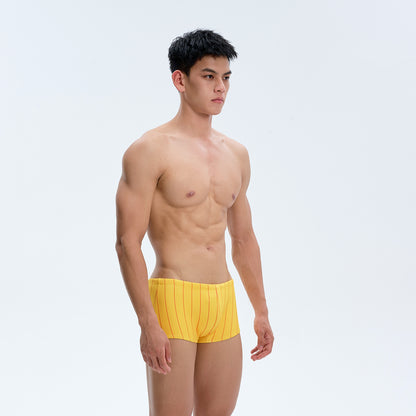Men's American Printed Yellow Striped Square Cut Swim TrunksUPRO-18112