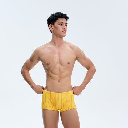 Men's American Printed Yellow Striped Square Cut Swim TrunksUPRO-18112