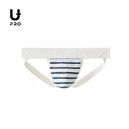 Sexy men's thong with navy striped ribbed fabric UPRO-13078