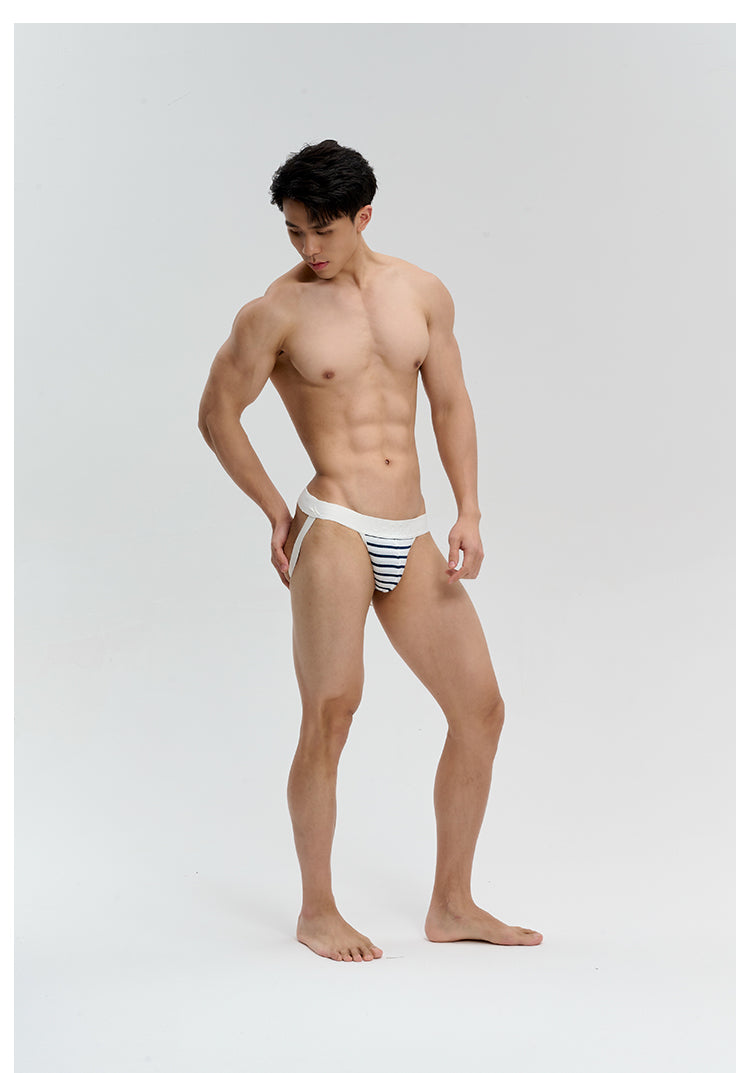 Sexy men's thong with navy striped ribbed fabric UPRO-13078
