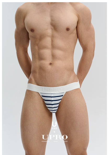 Sexy men's thong with navy striped ribbed fabric UPRO-13078