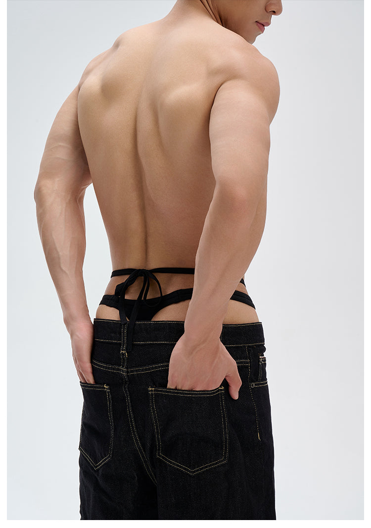 Men's bikini briefs, faux two-piece design with bow & laceUPRO-13092