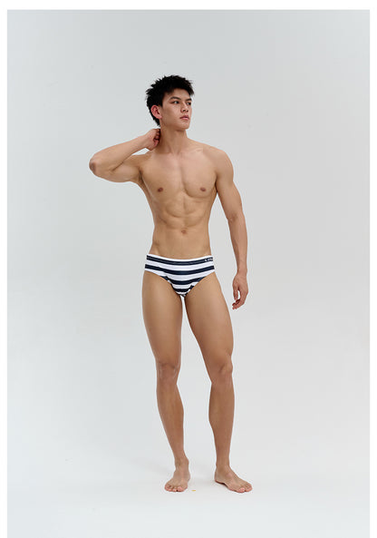 Men's Triangle Swim Trunks, Black‑and‑White Striped in Sailor‑Stripe StyleUPRO-18079