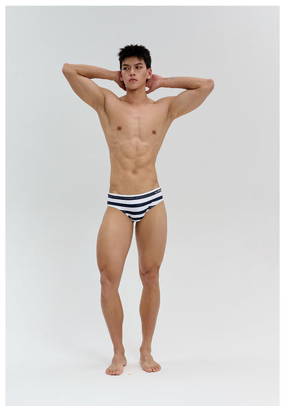 Men's Triangle Swim Trunks, Black‑and‑White Striped in Sailor‑Stripe StyleUPRO-18079