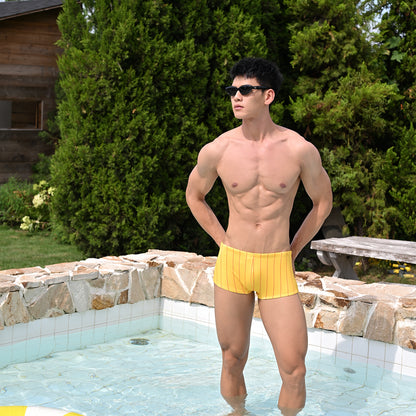Men's American Printed Yellow Striped Square Cut Swim TrunksUPRO-18112