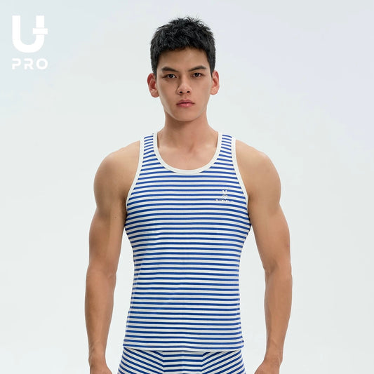 Men's Blue White Striped Ribbed Tank Top-18106