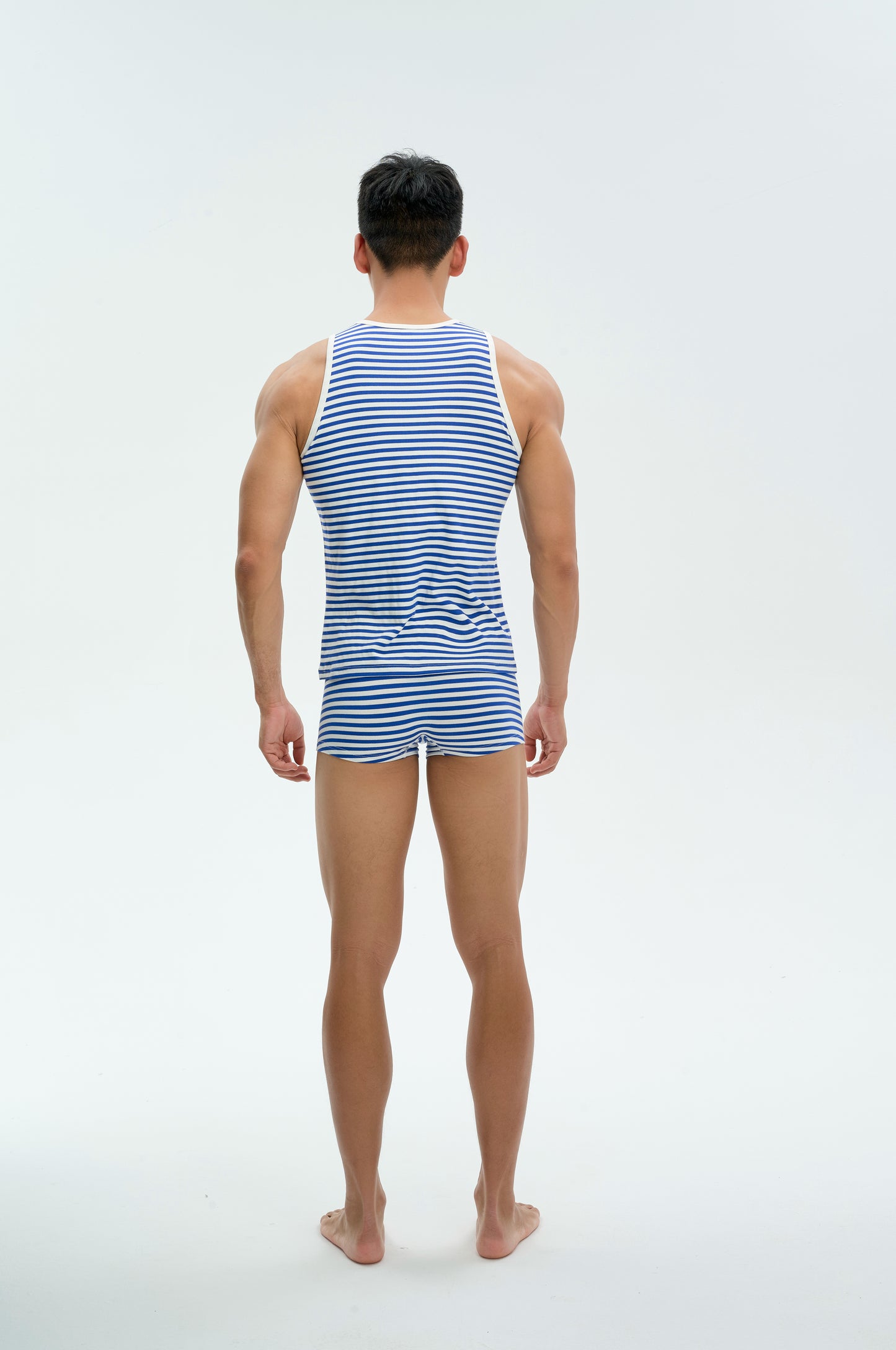 Men's Blue White Striped Ribbed Tank Top-18106
